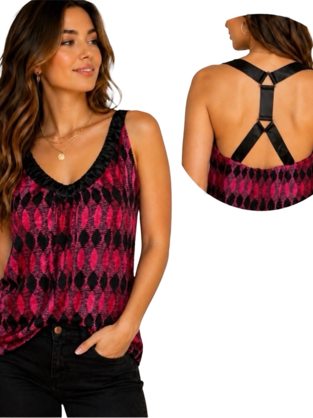 Gianni Bini Silk Tank Top Pink Black Abstract Print Strappy Back Size S